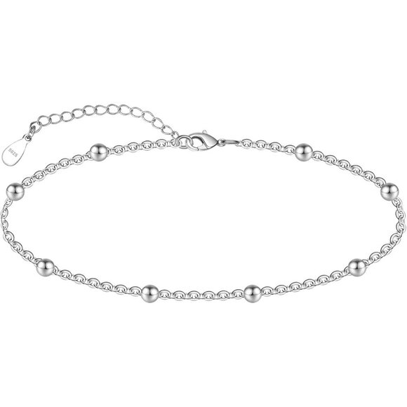 925 Sterling Silver Beaded Anklet with Multilayer Charms - Adjustable & Stylish